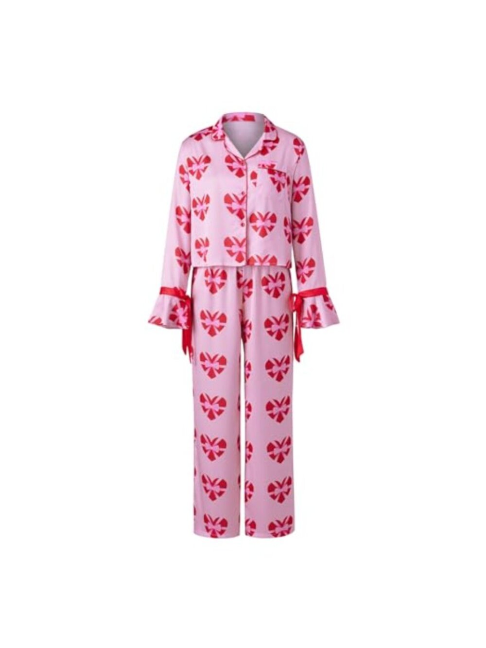 Women Heart Print 2 Piece Pajama Set Long Sleeve Button-Up Top Pants Sleepwear